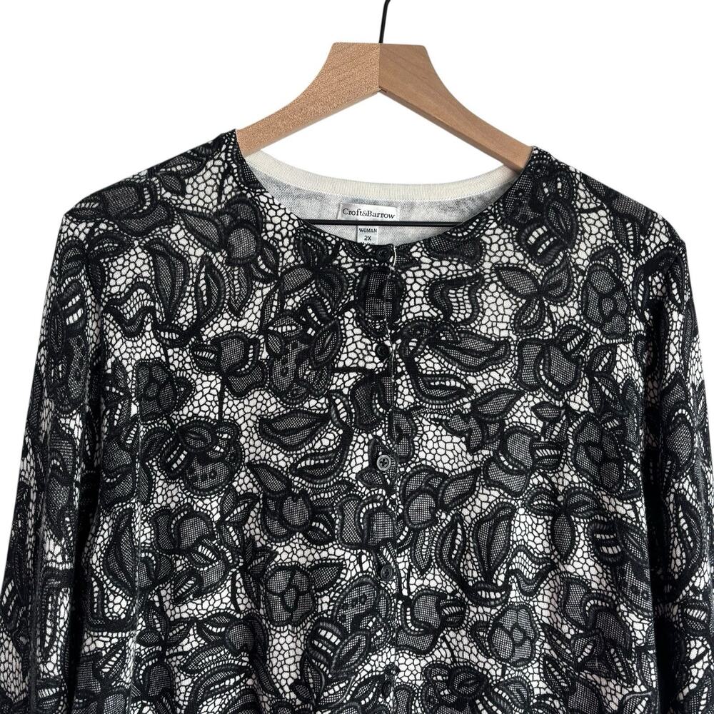Croft And Barrow Womens Sweater 2X Black And White Cardigan Cotton Stretch - Picture 8 of 9
